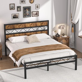 VECELO Queen Metal Platform Bed Frame with Rustic Vintage Wooden Headboard, Heavy Duty Metal Slats Support, Platform Mattress Base No Box Spring Needed, No Noise, Easy Assembly, Rustic Brown