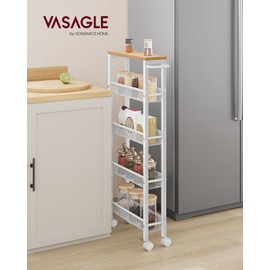 VASAGLE Slim Rolling Cart, 5-Tier Storage Cart, Narrow Cart with Handle, 5.1 Inches Deep, Metal Frame, for Kitchen, Dining Room, Living Room, Home Office, Oak Beige and Classic White ULRC034W09