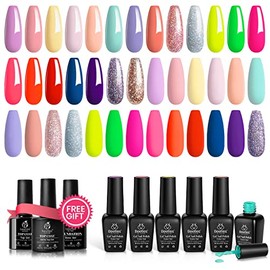 Beetles 20 Pcs Gel Nail Polish Kit Nude Pink Neon Red Nail Gel Pastel Yellow Blue Gel Polish Set with Glossy & Matte Top and Base Coat 2023 Nails Manicure Kit Mother's Day Gifts for Women