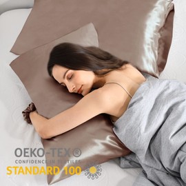 Vielit Set of 2 Satin Pillowcases, 50 x 80 cm, Brown, Soft as Silk Pillowcases, Better Care Than Silk Pillowcases, for Hair and Skin, with 2 Hair Scrunchies