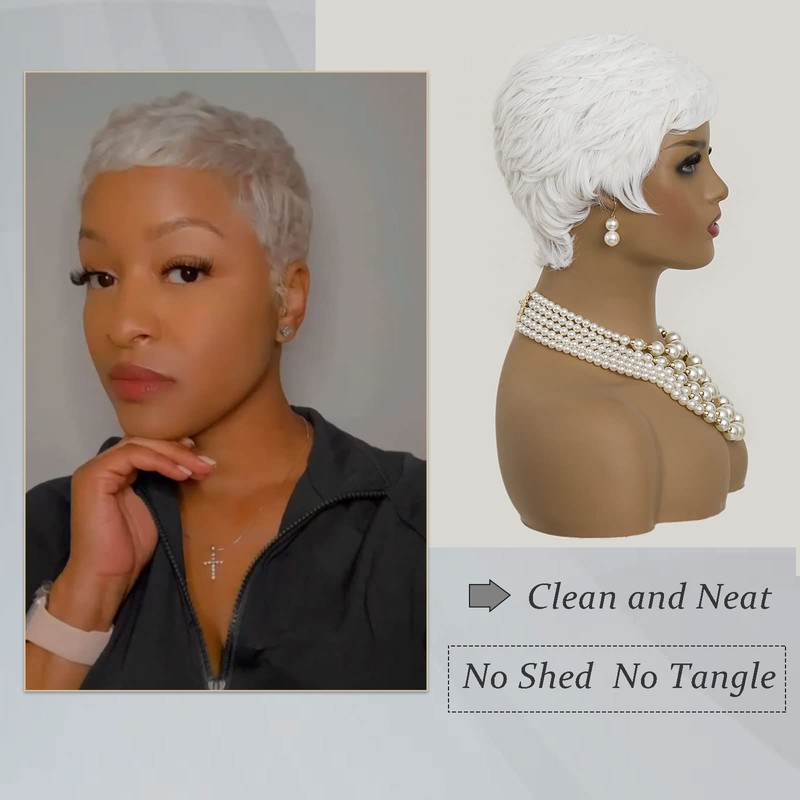 MOONSHOW Short White Pixie Wig for Women Pixie Cut Wig
