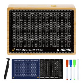 Money Saving Box, Unbreakable Piggy Bank for Adults and Kids, Cash Vault Wooden Savings Box, Wooden Money Box for Cash, Coin Bank for Boys Girls, 10000 Savings Challenge Box with 8 Saving Targets