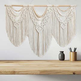 oiikain Large Handmade Boho Macrame Wall Hanging Tapestry - Chic Bohemian Woven Home Decor art for Living Room, Bedroom, and Wedding Parties (43''x32'', Wooden beads)