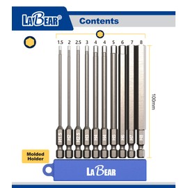 LABEAR - 10-Piece 4" Metric Hex Head Allen Wrench Screwdriver Bit Set. S2 Steel (H1.5, H2, H2.5, H3, H4, H4, H5, H6, H7, H8)