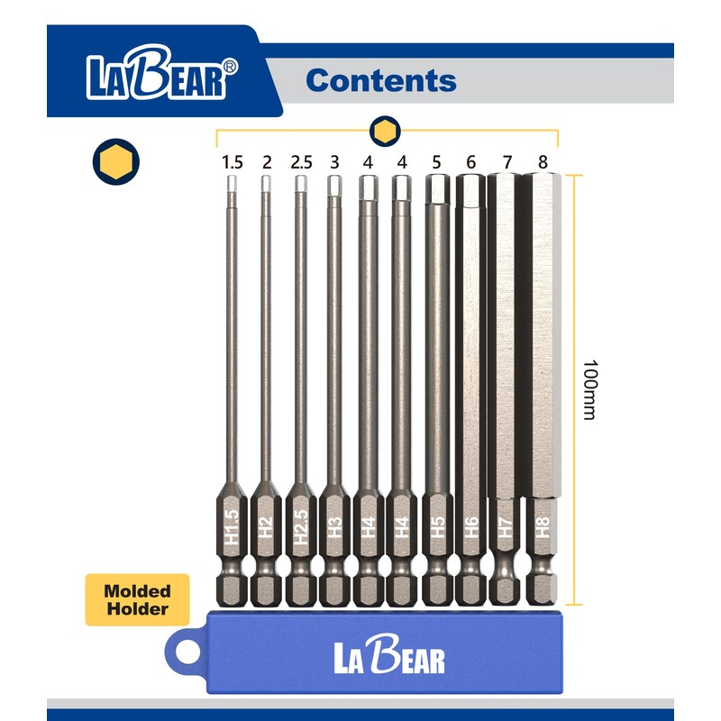 LABEAR - 10-Piece 4" Metric Hex Head Allen Wrench Screwdriver