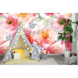 Removable Wallpaper | Peel and Stick Floral Wallpaper | Self Adhesive Watercolor Flowers Wallpaper | Peonies Mural (Sample 6" x 8")