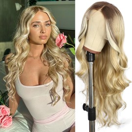 SOMIARIK Blonde Lace Front Wig, 13x4 Synthetic Blonde with Dark Roots Long Wavy Lace Front Wigs for Women Pre plucked with Hairline Heat Resistant Hair Cosplay Daily Party Wigs Natural Looking 26 Inch
