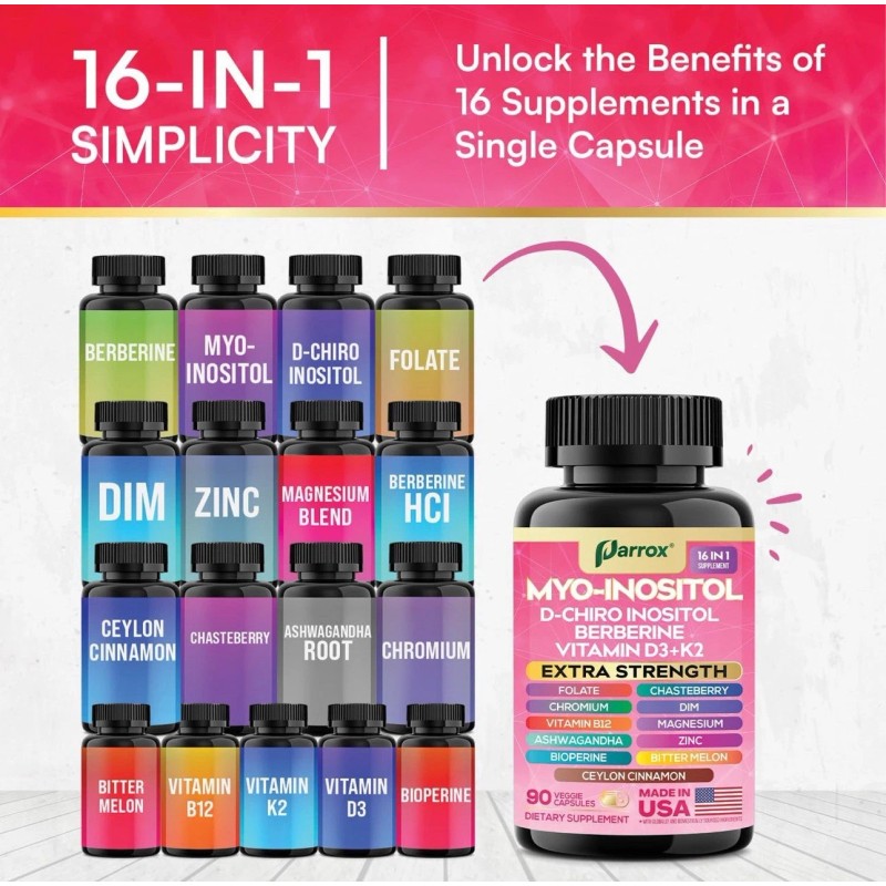 Parrox Myo Inositol Supplement, D-Chiro Inositol, Folate, DIM, Vitamin D3,