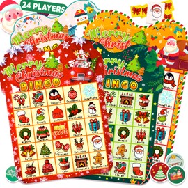 FEXIA Christmas Bingo Game for Adults 24 Players Set Christmas Bingo Cards for Kids, Large Group, 8 Styles of Cards with Reward Stickers Xmas Activities Family Holiday Party Winter Game