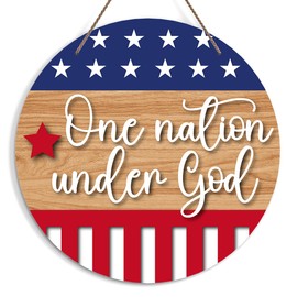 Patriotic Sign for Front Door, Independence Day Welcome Door Sign Decoration, One Nation Under God Round Decorative Wall Sign, Inspirational Wooden Hanging Sign for Farmhouse Home Porch -34