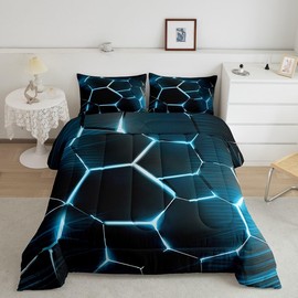 Honeycomb Comforter Set Hexagonal Ombre Blue Comforter for Kids Boys Girls Teens Geometrical Bedding Set Beehive Modern Geometric Duvet Set Simplistic Room Decor Quilt King Size Boys