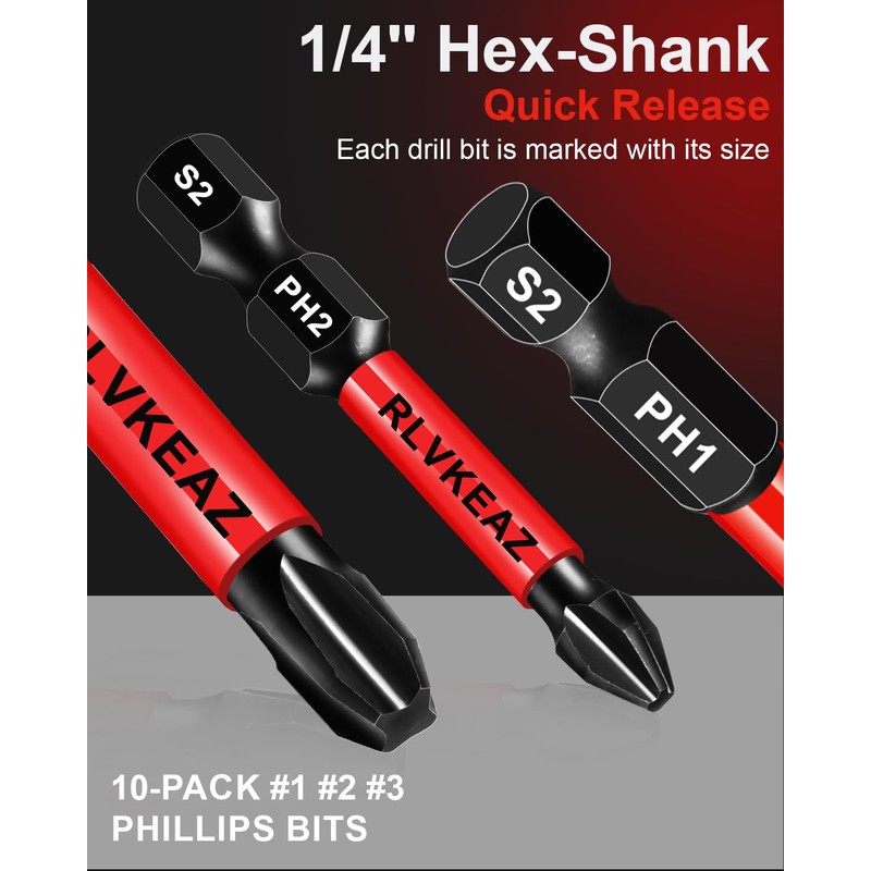 10-Pack Phillips Bits #1#2#3 Impact Magnetic, 2 Inch Phillips Head