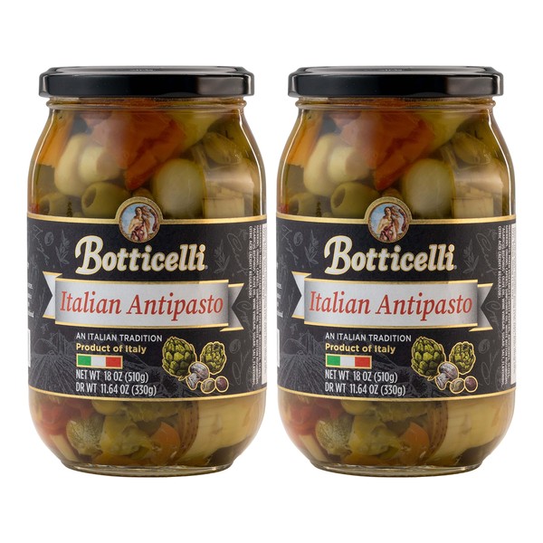 Botticelli Premium Italian Antipasto in a Jar (Pack of 2) - Authentic Italian Antipasto with Artichoke, Olives & Mushroom - Gluten-Free - For Antipasto Appetizer, Antipasto Salad & Antipasto Plates - 18oz