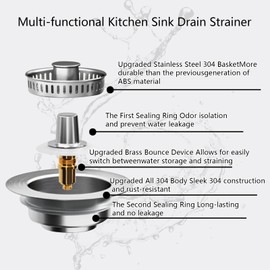 3 in1 Kitchen Sink Drain Strainer, 10,000 Press Test 304 Stainless Steel & Brass Material Pop-up Sink Stopper with Metal Basket Strainer Fast Drain Strainer for US Standard 3-1/2 in Kitchen Drain