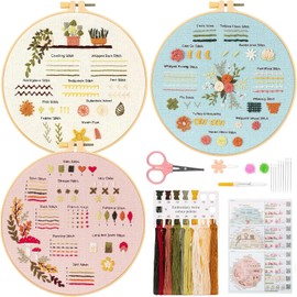 Embroidery Practice Kit with 8-inch Hoop, 30 Stitch Patterns, 3 Pre-Stamped Fabrics, Thread Kit and Tools, 20 x 20 cm