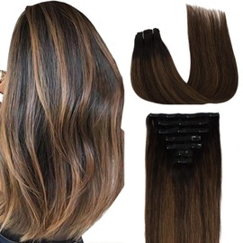 LIZ Hair Clip in Hair Extensions, 22 Inch 120g 7pcs Straight Ombre Natural Black Mixed Chestnut Brown Clip in Hair Extensions Human Hair Real Remy 100 Natural Hair Extensions with Clip