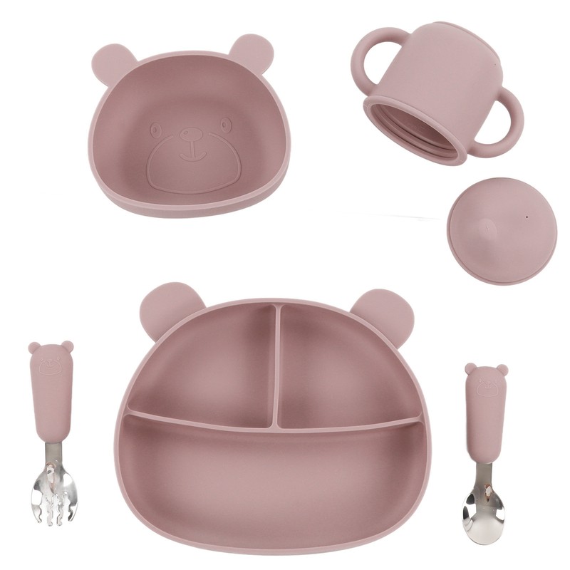 5pcs Baby Feeding Kit Food Grade Silicone Bear Design Plate
