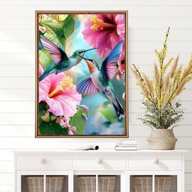 MEIYUDA Hummingbirds Diamond Art Kits for Adults, 5D Birds and Flowers Diamond Art Diamond Painting Kits for Adults, Landscapes Full Round Drill Gem Art Crafts for Home Wall Decor 12x16inch
