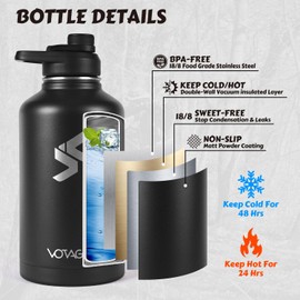 64Oz Tactical Water Bottle - Half Gallon Stainless Steel Insulated Water Bottle, Metal Military Water Bottle with Rugged, Removable Sleeve Tactical Carrier Bag for Hiking Camping Hunting (BLACK)