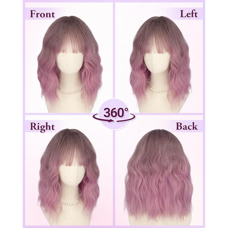 Purple Ombre Short Wavy Bob Wig with Bangs, 14 Inch
