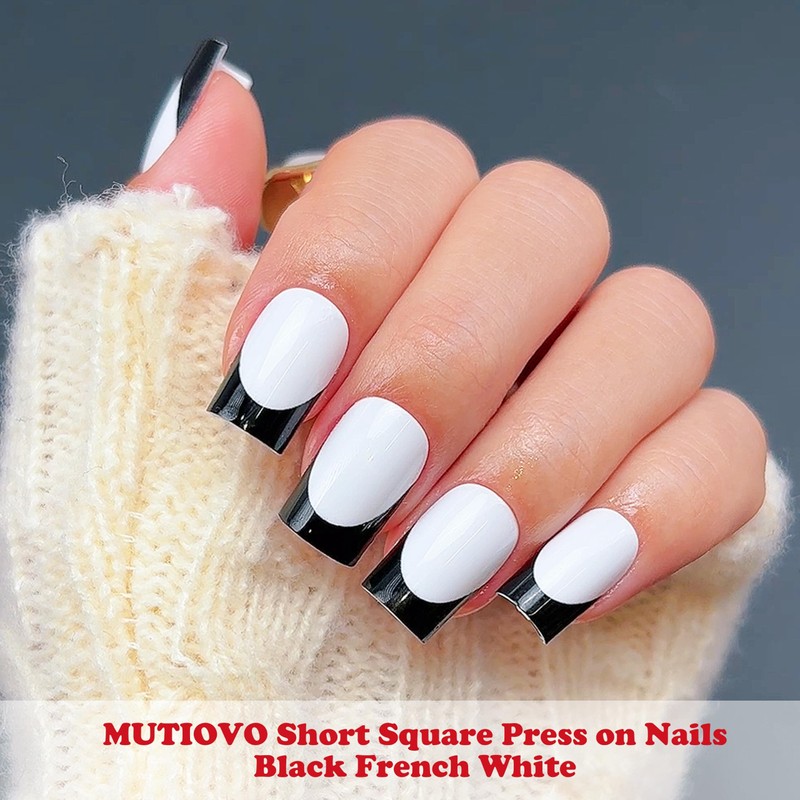 Halloween Press on Nails Kit Short Square Black French White,