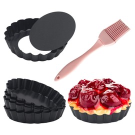 Urxirha 6 Pack Mini Fluted Tart Pans 4 Inch with Removable Bottom, Nonstick Quiche Pan with Silicone Basting Pastry Brush for Baking Treats, Pie, Quiches, Tartlets