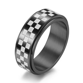 ANIEJUFI Anxiety Ring for Men Women Stainless Steel Spinner Rings 8mm Black and White Grid Racing Flag Design Stress Relief Jewelry, Black Size 12