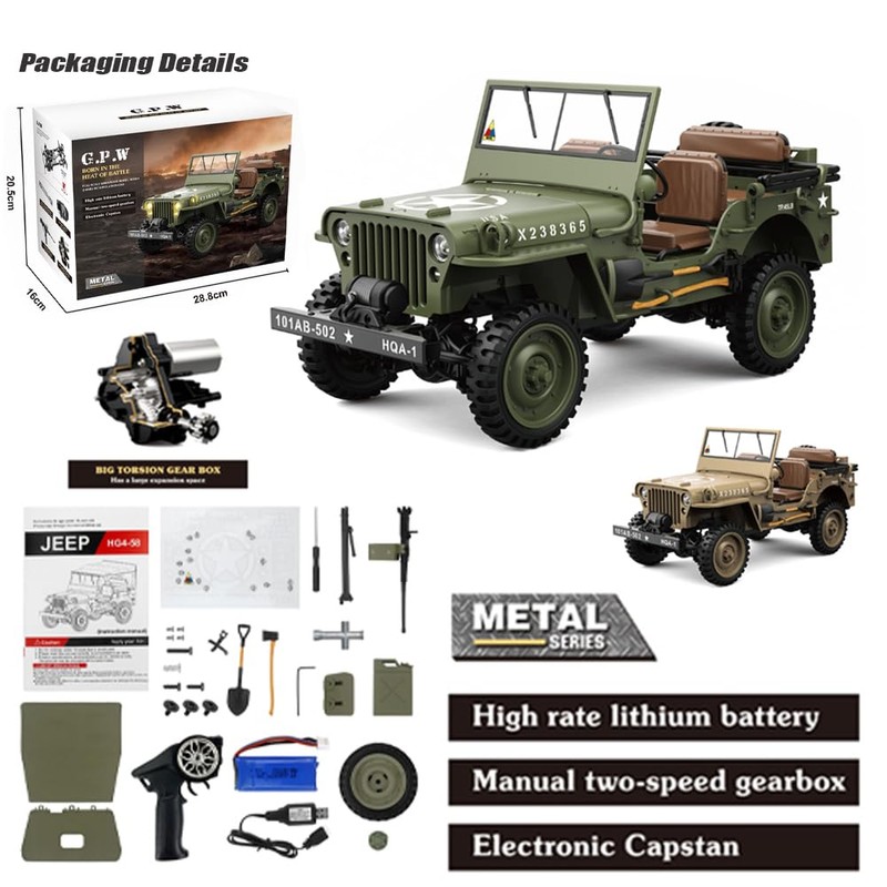 Authticar RC Crawler, 1:14 Scale Military Willys Jeep, Yellow