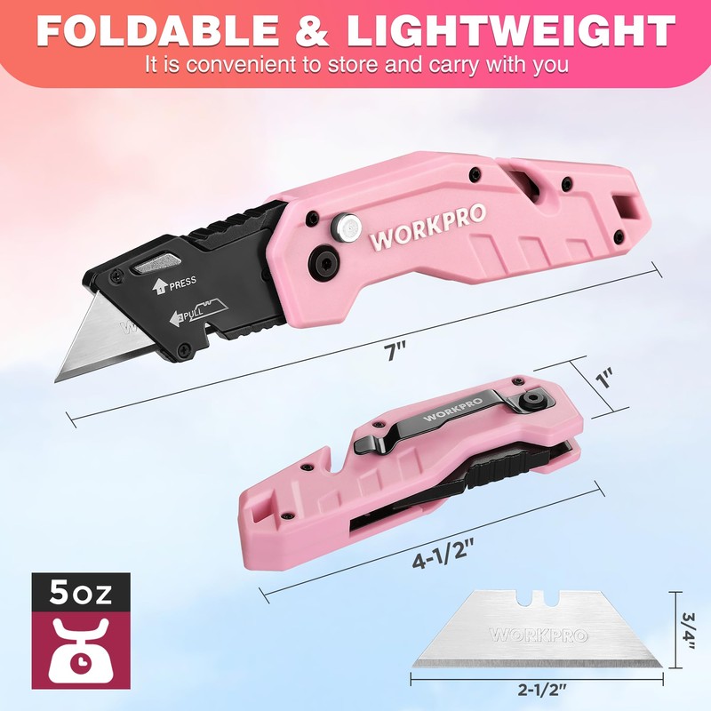 WORKPRO Folding Utility Knife, Quick Change Box Cutter, Pink Razor