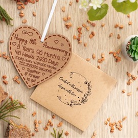 Happy 8th Anniversary Gift for Couples 8th Wedding Anniversary Gifts for Him Her Wedding Present for Husband 8 Years Celebration Keepsake Wooden Heart Plaque for Wife Partner