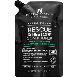 MARTHA DEBAYLE Acondicionador REFILL POUCH RESCUE & RESTORE. Brillo hidratado para cabello áspero y maltratado. Con ceramidas y Sacha Inchi Peruano. Sin parabenos y ftalatos. 450 ml