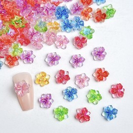 60Pcs Spring Flower Nail Charms 3D Ice Translucent Flower Nail Rhinestones Cute Five-Petal Flowers Nails Gems Colorful Floral Diamonds Jewelry Flowers Nails Jewel for Women Acrylic Nails Supplies