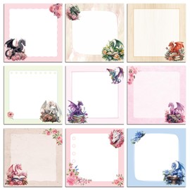 INCOK Dragon Gifts Sticky Notes - 9 PCS Aesthetics Animal and Flower Self Stick Notes Adhesive to Do List Memo Pad Dragon Party Favors School Stationery for Students Teachers 3x3 Inches