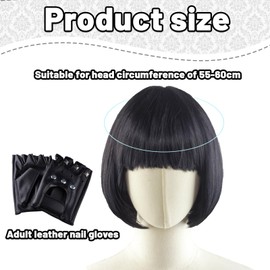 Black Wig for Women, Black Bob Wig with Studded Gloves, Natural Looking Synthetic Hair for Women, Perfect for Themed Parties and Daily Wear, Cosplay Party