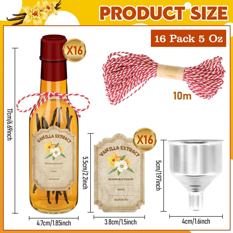 NVioAsport 16 Pack Glass Vanilla Extract Bottles 5 oz with