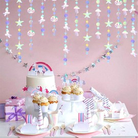 4Pcs Iridescent Mermaid Garland with Jellyfish Seashell Starfish, BetterJonny Mermaid Rainbow Theme Party Decoration Glitter Paper Hanging Bunting Banner Background for Birthday Wedding Baby Shower