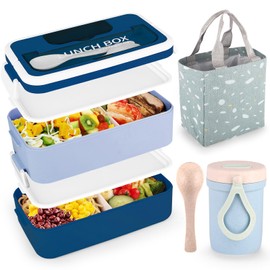 VEIOK Lunch Box, 1600ml Bento Box with Bag and Cutlery, Lunch Box with Compartments, Leak-Proof Bento Lunch Box, Lunch Box for Adults, Kids, Sandwich Box for School Office (Blue)