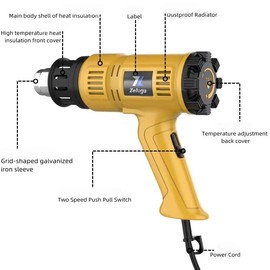 29-434 Heavy Duty Fast Heating Hot Air Gun Kit with Variable Temperature Control and Overload Protection with 4 Nozzles for Crafts, 1800W 140℉~1112℉（60℃- 600℃）