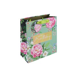 Eurowrap Ladies Green Floral Happy Birthday Gift Bag With Gift Tag - Gift Bag for Her, Birthdays, Girls - Vibrant and Stylish Ladies Happy Birthday Gift Wrap Occasion Present - Medium Size