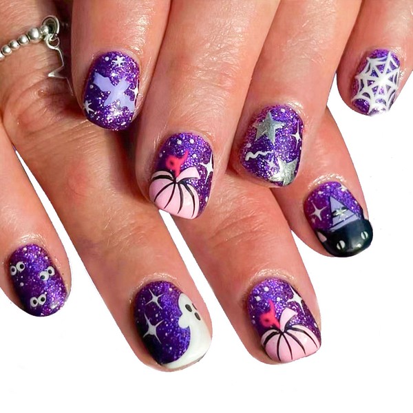 Halloween Press on Nails Short Square Fake Nails Pumpkin Spider