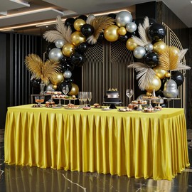 6FT Gold Satin Tablecloths for Rectangle Tables - Shiny Spandex Party Table Cover with Pleated Table Skirt, No-Wrinkle & Glossy Wedding Tablecloth One-Piece for Birthday Baby Shower Banquet Ceremony