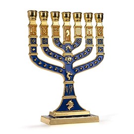JL Kippha's Blue and Gold Candle Holder Decorative Menorah 7 Branch Israel Jewish Symbol