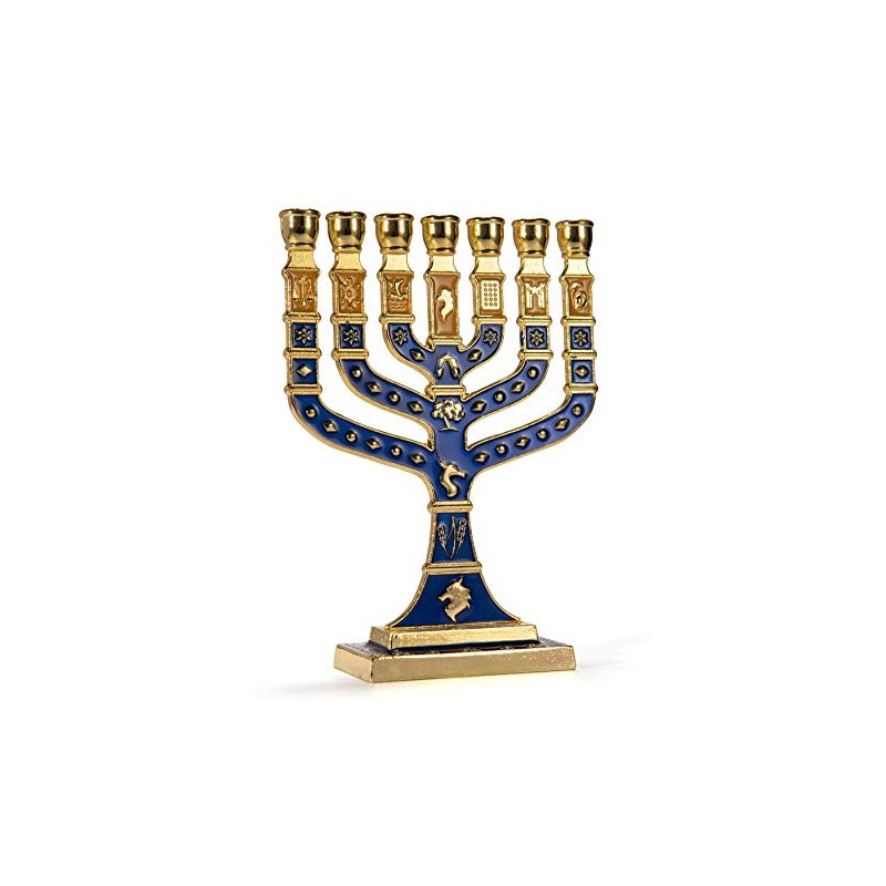 JL Kippha's Blue and Gold Candle Holder Decorative Menorah 7