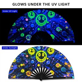 Raveahem Large Folding Fan, 13 Inch Clack Rave Fan Hand Held Fan for Women Men with Premium Satin Fabric, Thick Bamboo Frame for EDM, Music Festival, Party, Dance, Decoration, Gift (Rave Grin)