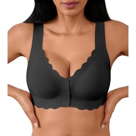 DEANGELMON Front Closure Bras for Women Seamless Wireless Push Up Bra No Underwire Full Coverage Comfort Bras Mastectomy Bralettes Supportive T-Shirt Bra(Black,XL)