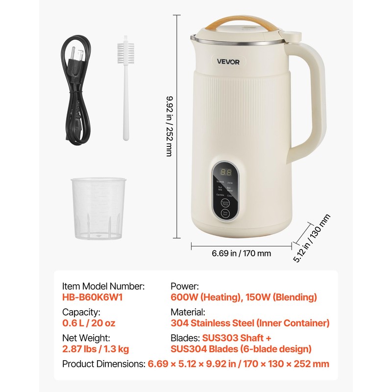VEVOR 6-in-1 Nut Milk Maker, 20 oz Soy Milk Maker