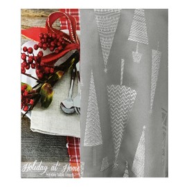 Newbridge Navy Blue and Silver Fancy Metallic Christmas Trees Fabric Holiday Tablecloth, Xmas Tree Contemporary Soil Resistant Easy Care Tablecloth, 70” Round, Navy/Silver