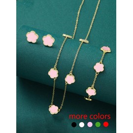 Elegant Flower Design Vintage Jewelry Set, Including Stud Earrings, Charm Necklace & Matching Bracelet, Fashion Summer 2024 Cool Female Accessories for Women & Girls for Back To School, Fall Outfits, Fall Freshness Fall - Color: Baby Pink, Specification: