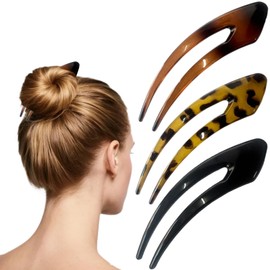3Pc French Hair Pins, Tortoiseshell French Knot Hair Pins, Acetate U-shaped Sideburn Pin, French Hair Pin Suitable for Thick Hair (black, brown leopard print, gray leopard print)