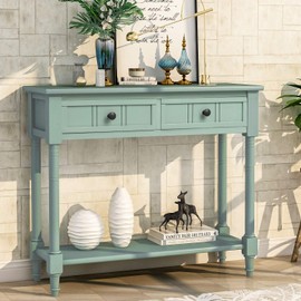 Merax Wood Farmhouse Entry Way Hallway Console Table with Drawers and Bottom Shelf Narrow Blue